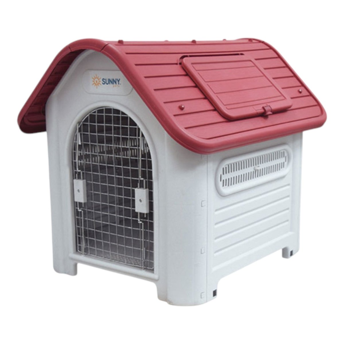 Casa térmica para perros de hasta 40 kg con base elevada, ventilaciones laterales, puerta metálica y techo rojo con ventana