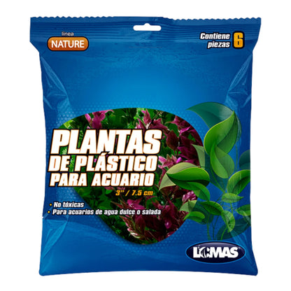 Empaque del set Nature de Lomas con 6 plantas de plástico de 7.5cm para acuario, mostrando la base de roca para anclaje en el sustrato.