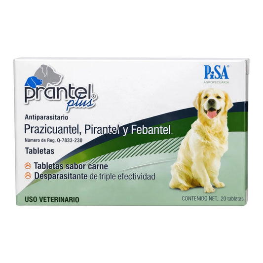 Caja de Plantel Plus para perros, desparasitante oral con prazicuantel, pirantel y febantel, sabor a carne.