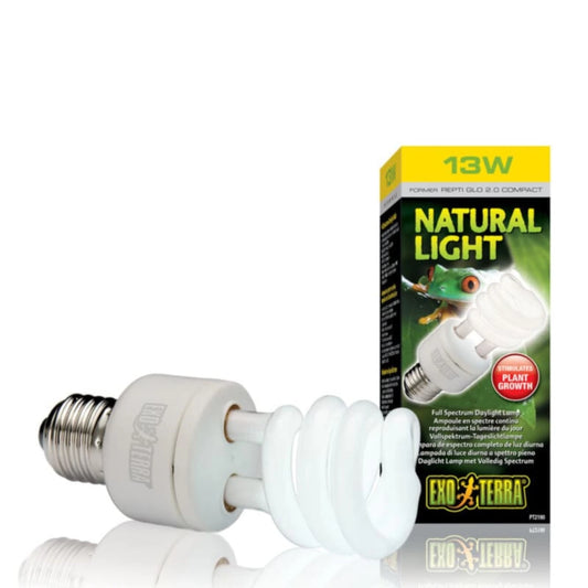 Empaque de la lámpara fluorescente compacta Repti Glo 2.0 de Exo Terra 13W, diseñada para proporcionar luz natural y UVA en terrarios de reptiles y anfibios.