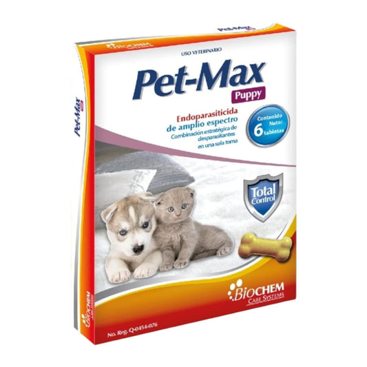 Caja de Pet Max Puppy, desparasitante oral para cachorros y gatitos con ivermectina, albendazol y prazicuantel, blister con 6 tabletas