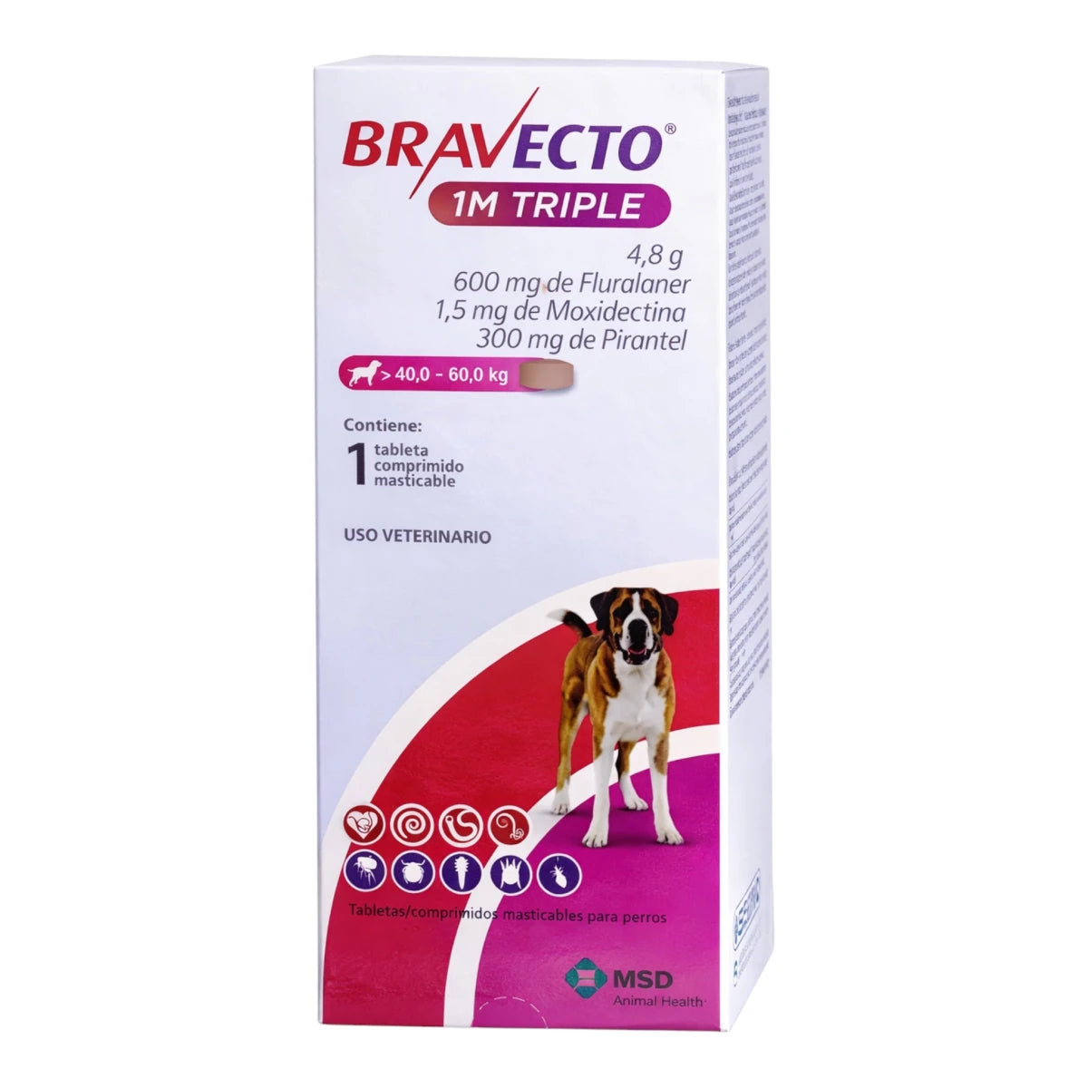 Caja del producto Bravecto 1M Triple para perros grandes de 40 a 60 kg, tratamiento antiparasitario oral por 37 días