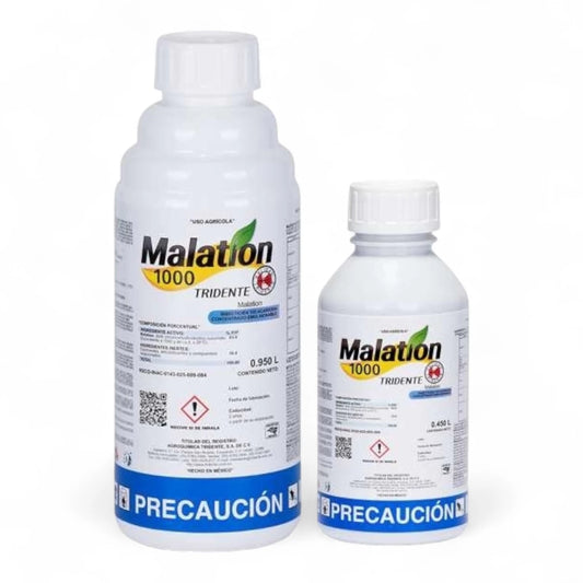 Envase de Malation 1000 insecticida agrícola organofosforado a base de malation para control de pulgón, trips, escamas y mosca de la fruta en cultivos como aguacate, chile, maíz y jitomate.