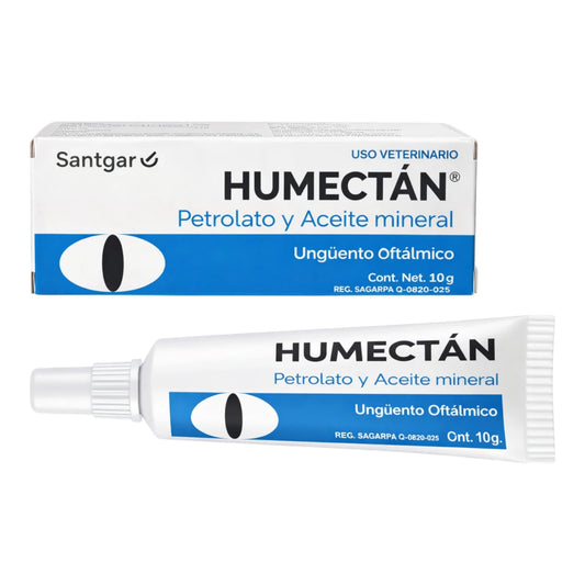 Tubo y caja de Humectán de Santgar, ungüento oftálmico lubricante para ojos de perros, gatos y caballos con petrolato y aceite mineral.