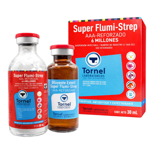 Imagen del frasco de Super Flumi Strep AAA Reforzado 6MUI, solución inyectable para tratar infecciones en perros, caballos, vacas, borregos, chivos y porcinos