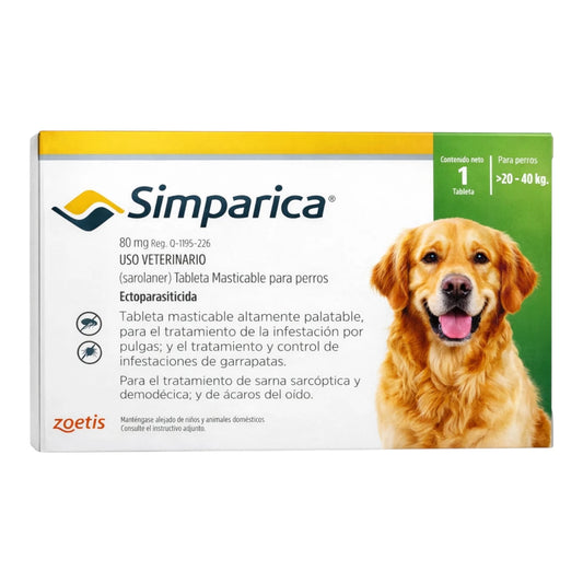 caja de Simparica para perros grandes de 20 a 40 kg, solución oral con 80 mg de sarolaner para desparasitación externa.