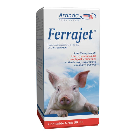 Caja del suplemento veterinario Ferrajet con hierro y vitaminas para prevenir la anemia en lechones.