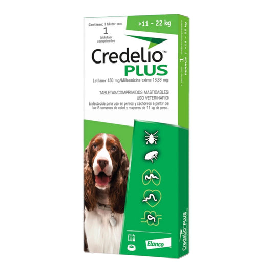 Caja de Credelio Plus para perros medianos de 11 a 22 kg con 1 tableta masticable para el control de pulgas, garrapatas y parásitos internos.