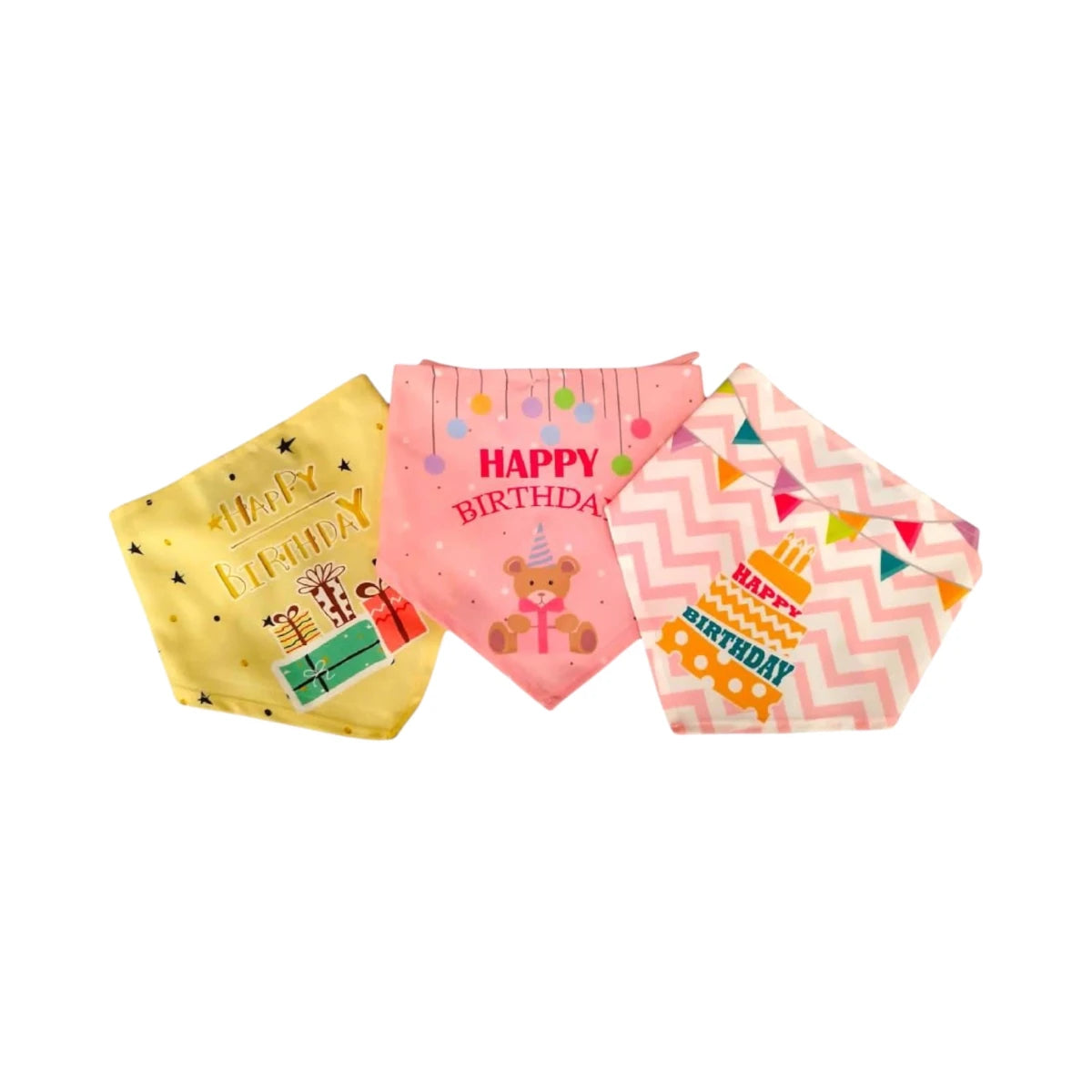 Vista de tres pañuelos festivos para perros y gatos, en tonos rosa y amarillo, con diseños de pastel, regalos y frases de “feliz cumpleaños”