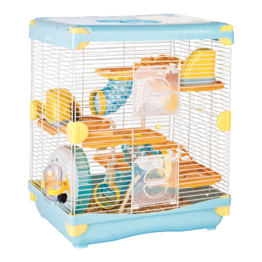 Hábitat para hámster armado con entrepisos, túnel, rueda, casita y ventana superior