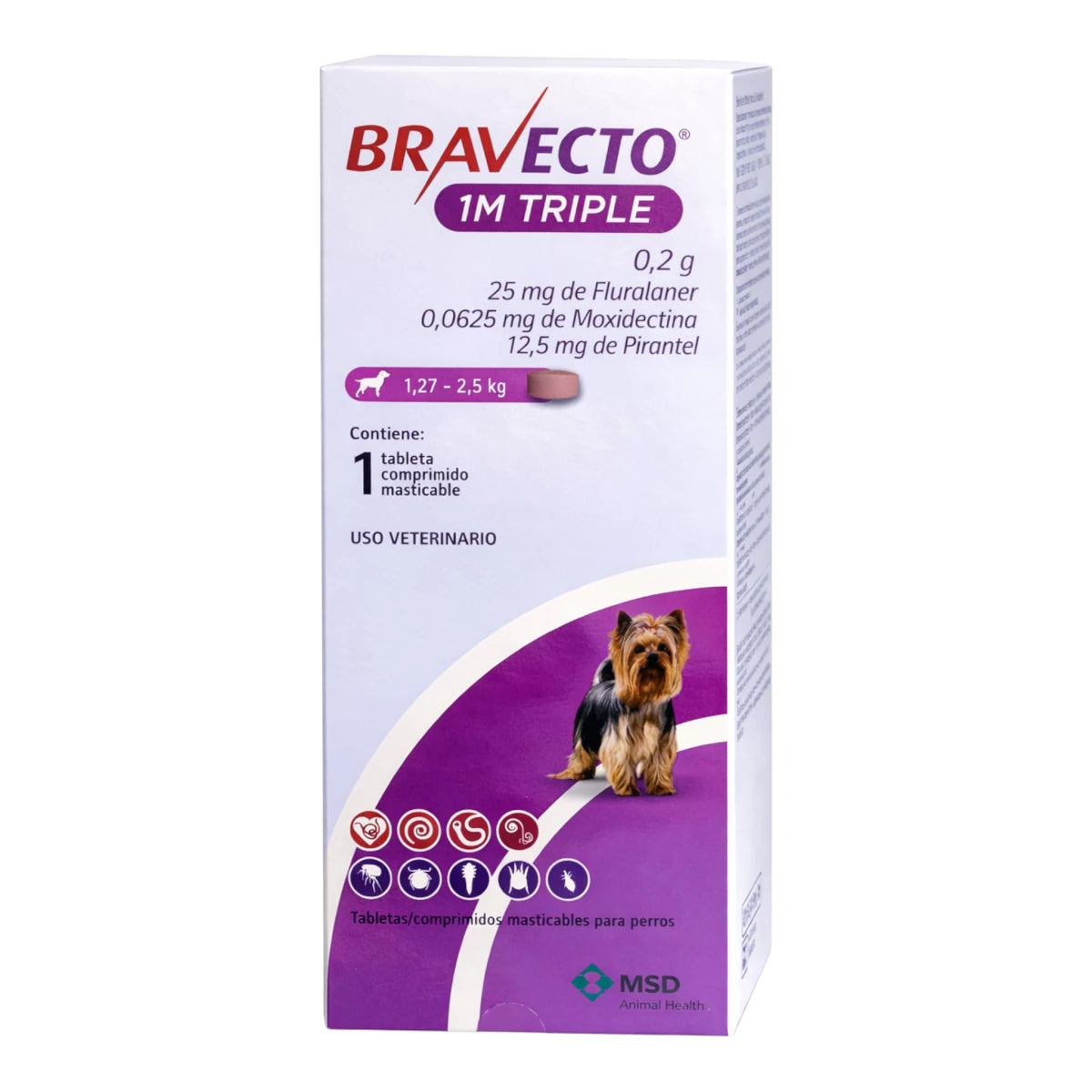 Caja de Bravecto 1M Triple para perros pequeños de 1.27 a 2.5 kg. Tableta masticable antiparasitaria para pulgas, garrapatas, sarna y parásitos internos.