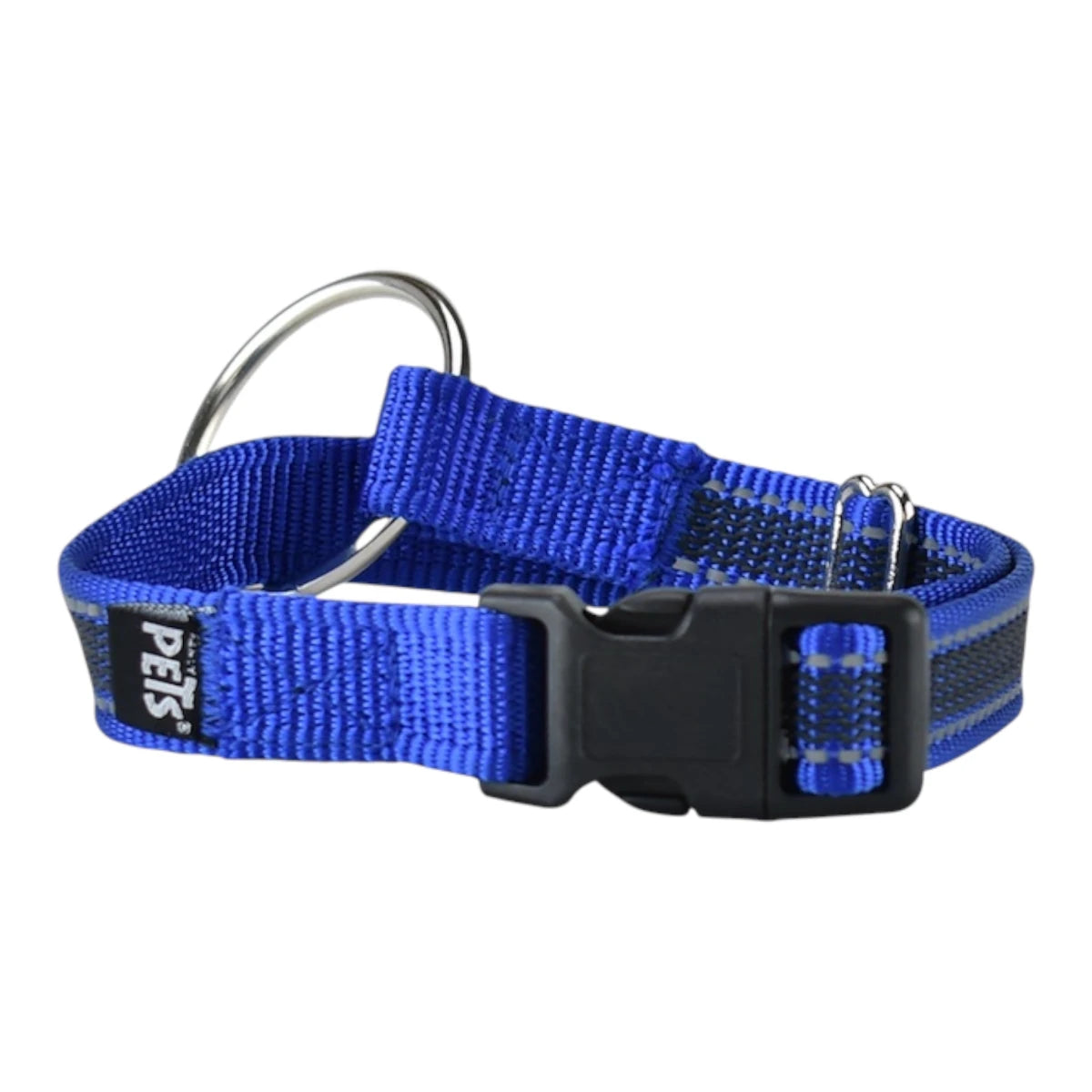 Acercamiento al collar azul mostrando las costuras reflejantes, el broche plástico de seguridad y la argolla metálica para identificación.
