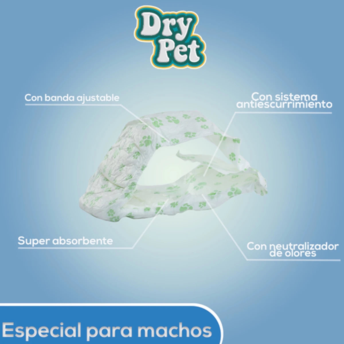 Infografía del pañal para perro macho con banda ajustable, sistema antiescurrimiento, material súper absorbente y neutralizador de olores.