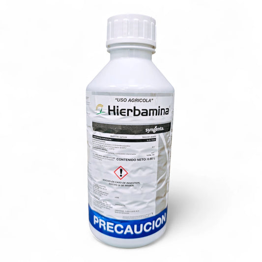 Envase de Hierbamina herbicida agrícola con 2,4-D para control de malezas de hoja ancha como quelite, verdolaga y gigantón en cultivos de maíz, sorgo, trigo y caña de azúcar.