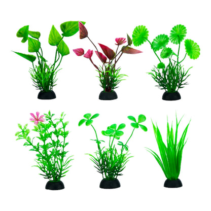 Muestra de los 6 diseños diferentes incluidos en el set de 9 plantas de plástico de 7.5cm, todas con base de anclaje negra.