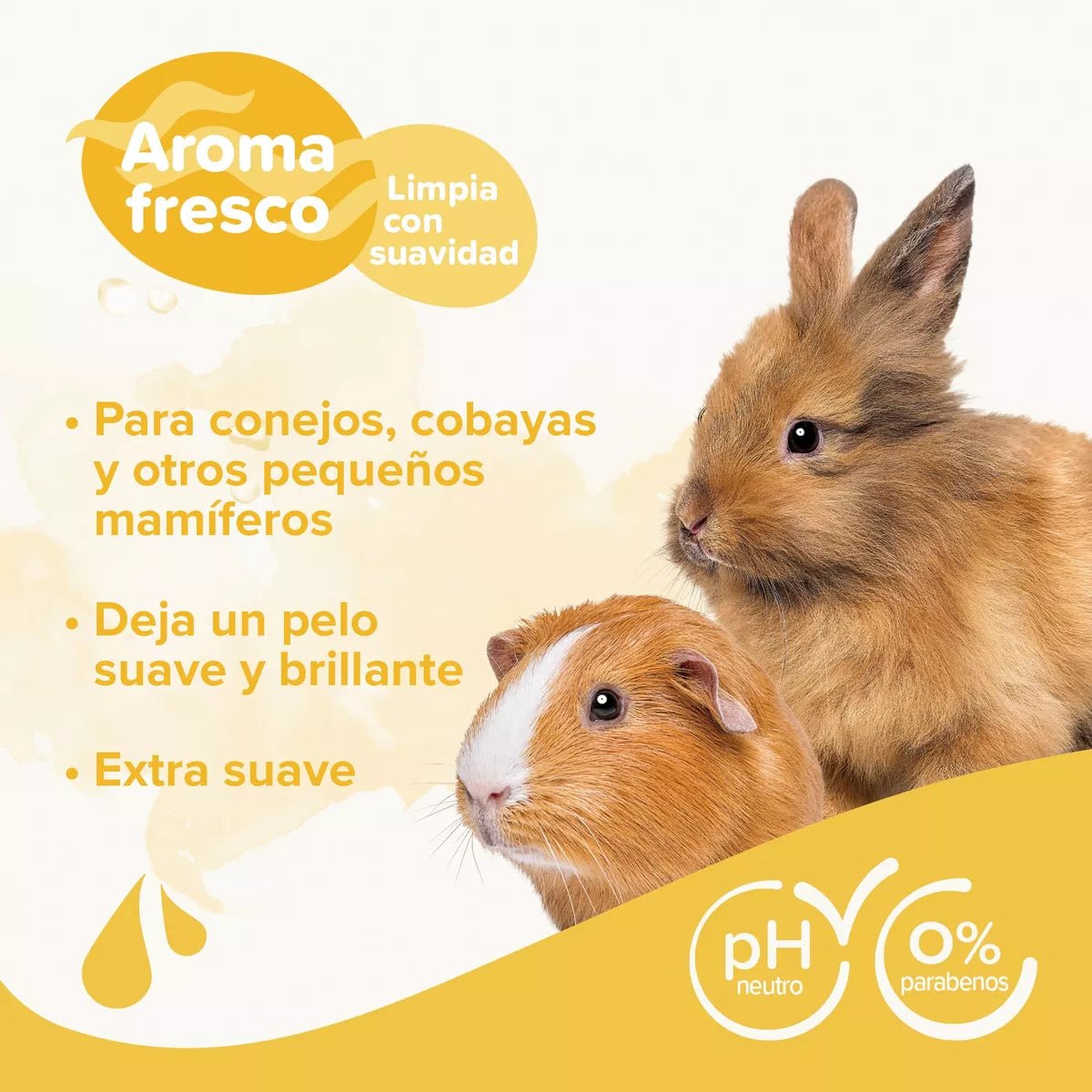 Imagen con conejo y cuyo, beneficios del shampoo: pH neutro, sin parabenos, pelo suave y brillante