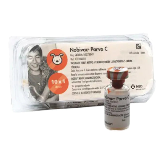 Frasco de la vacuna Nobivac Parvo C de dosis única, utilizada para la inmunización de perros y cachorros contra el parvovirus canino.