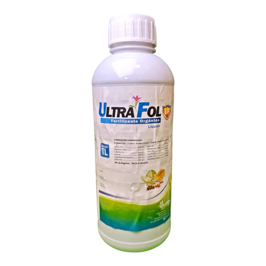 Envase de fertilizante orgánico Ultrafol con nitrógeno, fósforo, potasio y micronutrientes para cultivos de hortalizas y frutales.