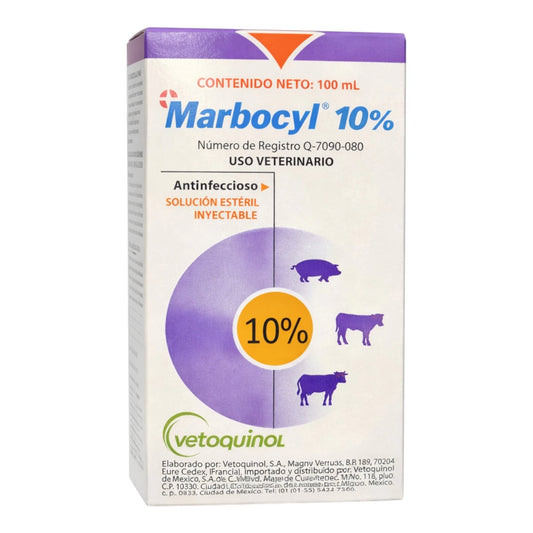 Frasco de Marbofloxacina 100 mg, antibiótico inyectable para el tratamiento de mastitis y neumonía en bovinos y porcinos.