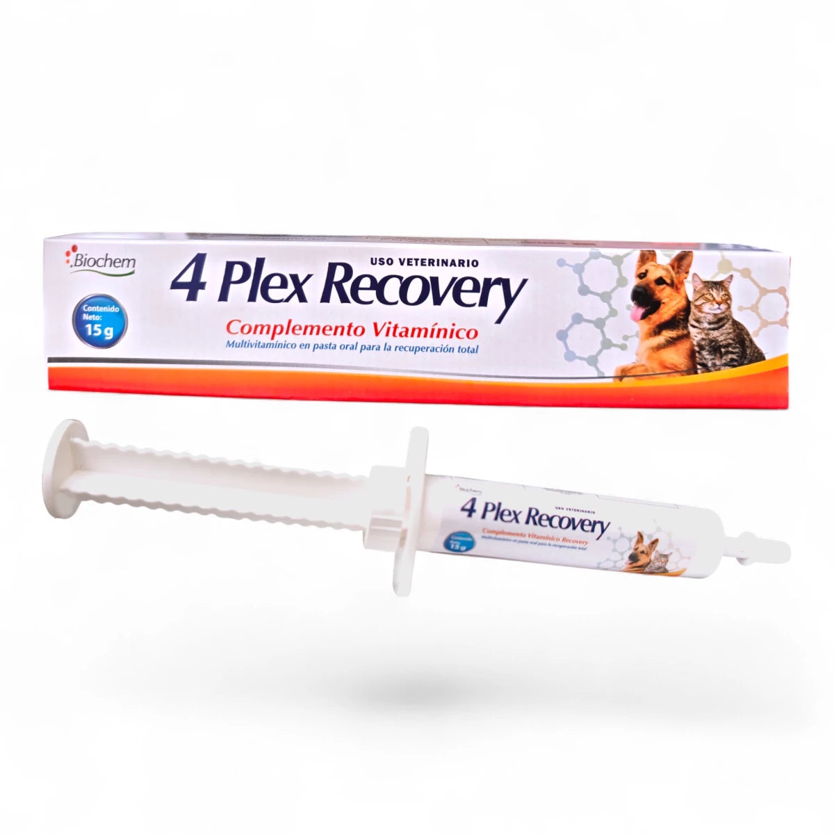 Presentación de 4 Plex Recovery en jeringa dosificadora de 15 gramos, complemento vitamínico en pasta para recuperación de perros y gatos.