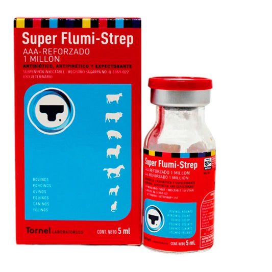Imagen del frasco de Super Flumi Strep AAA Reforzado 2MUI 10ml, antibiótico y antiinflamatorio inyectable para perros, caballos, cerdos y más