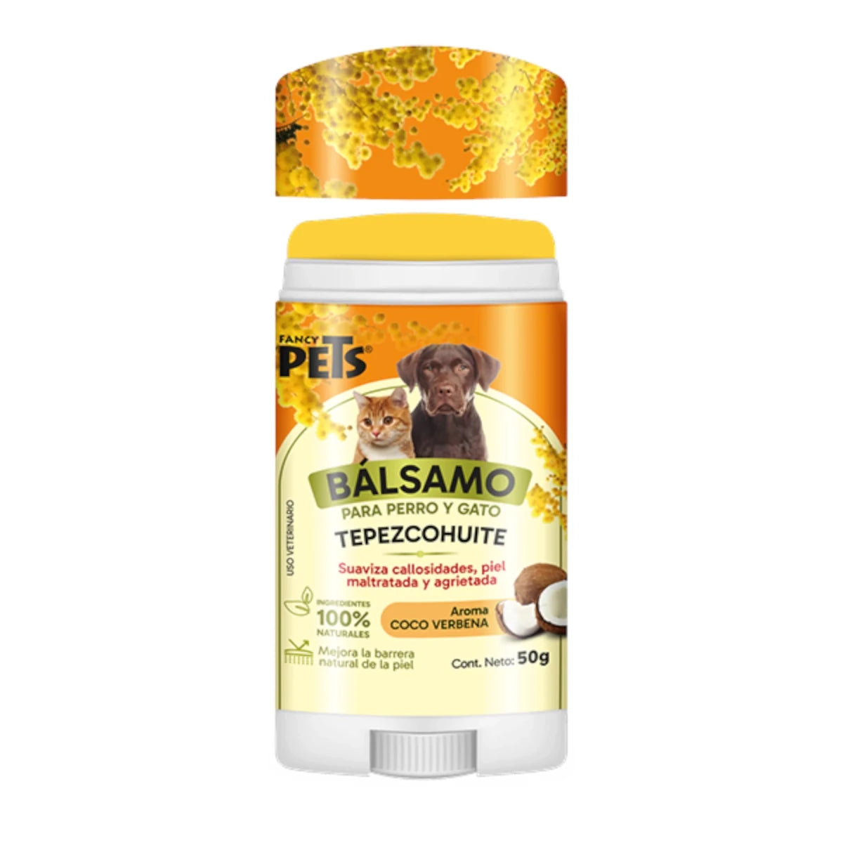 Stick humectante con tepezcohuite, cera de abeja y manteca de karité, protege nariz y patas de mascotas.