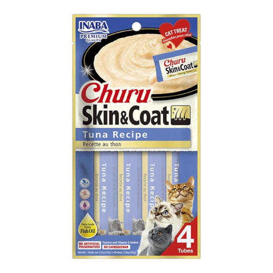 Empaque de Churu Skin & Coat sabor atún con 4 tubitos, resaltando los beneficios de Omega-3 para la piel y el pelaje brillante de los gatos