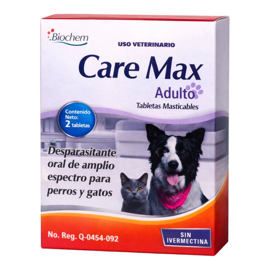 Caja de Care Max Adulto desparasitante oral de amplio espectro para perros y gatos, presentación de 2 tabletas masticables sin ivermectina.
