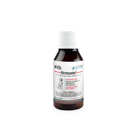 Envase de Vermantel Desparasitante 25 ml, suspensión oral para perros y cachorros con pirantel, fenbendazol y prazicuantel