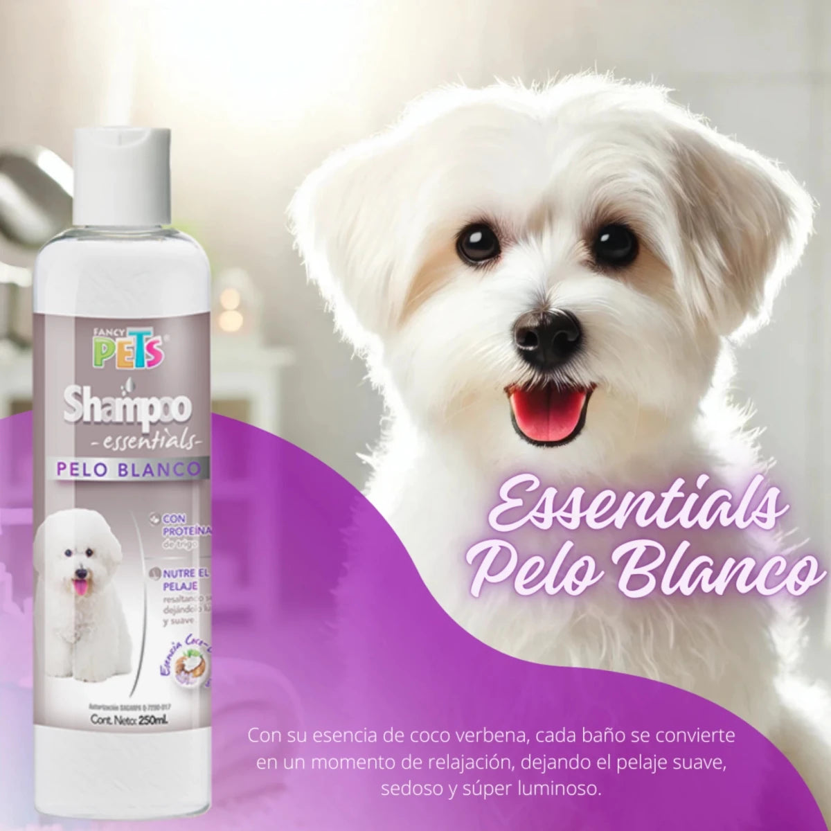 Perro blanco con pelaje brillante junto a Shampoo Essentials Pelo Blanco Fancy Pets, fondo con estilo relajante