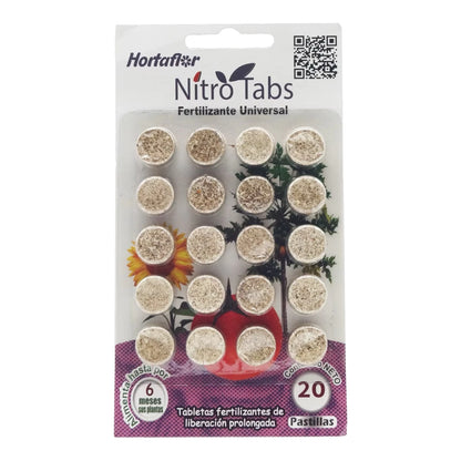 NitroTabs fertilizante universal en presentación de 20 tabletas.