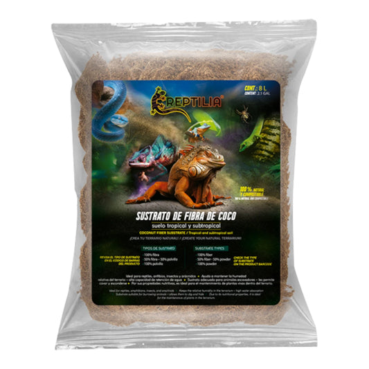 Bolsa de sustrato de coco marca Reptilia con mezcla de 50% fibra y 50% polvillo para terrarios de reptiles y anfibios.