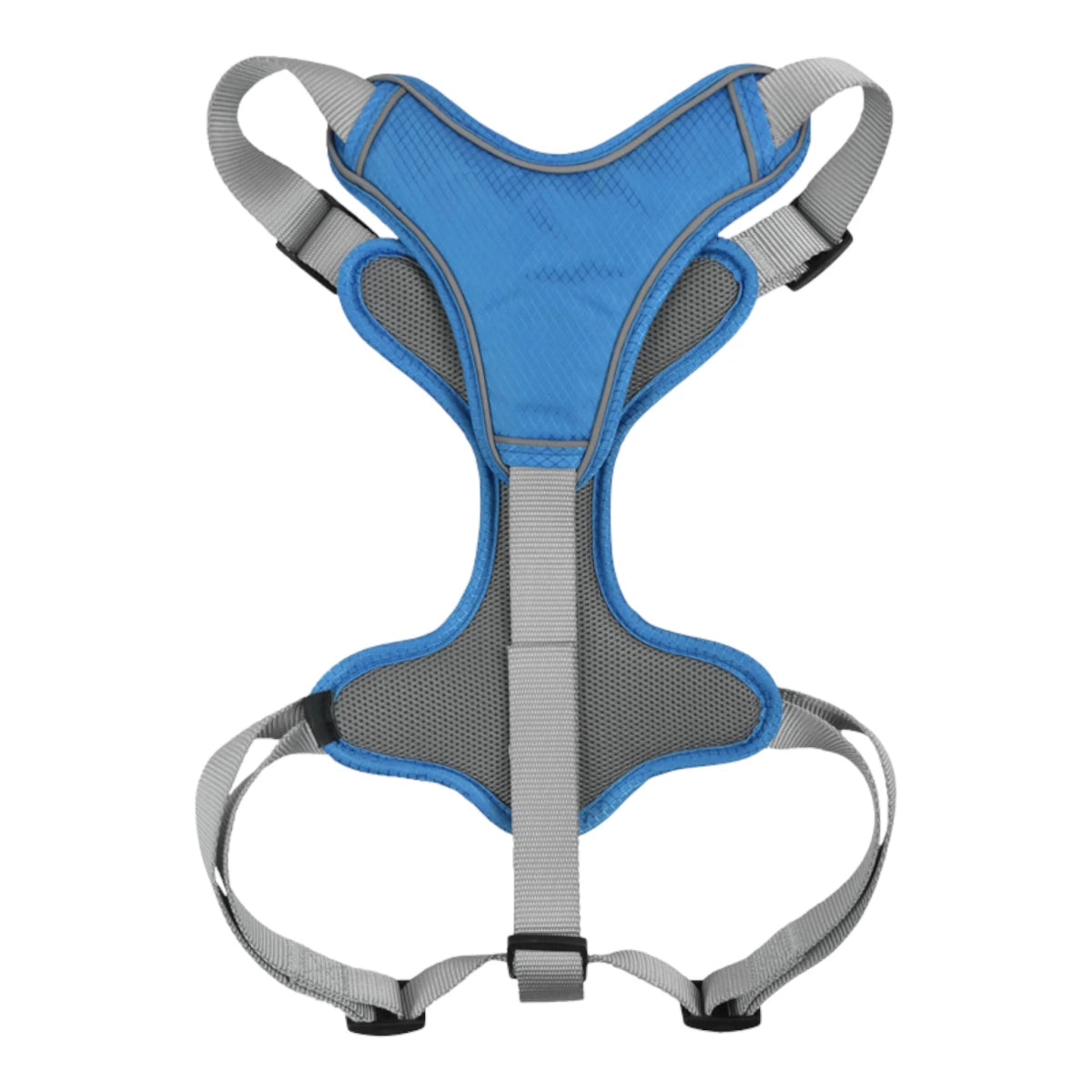 Detalle de la parte interior del arnés azul mostrando la malla acolchada y ventilada para mayor confort de la mascota.