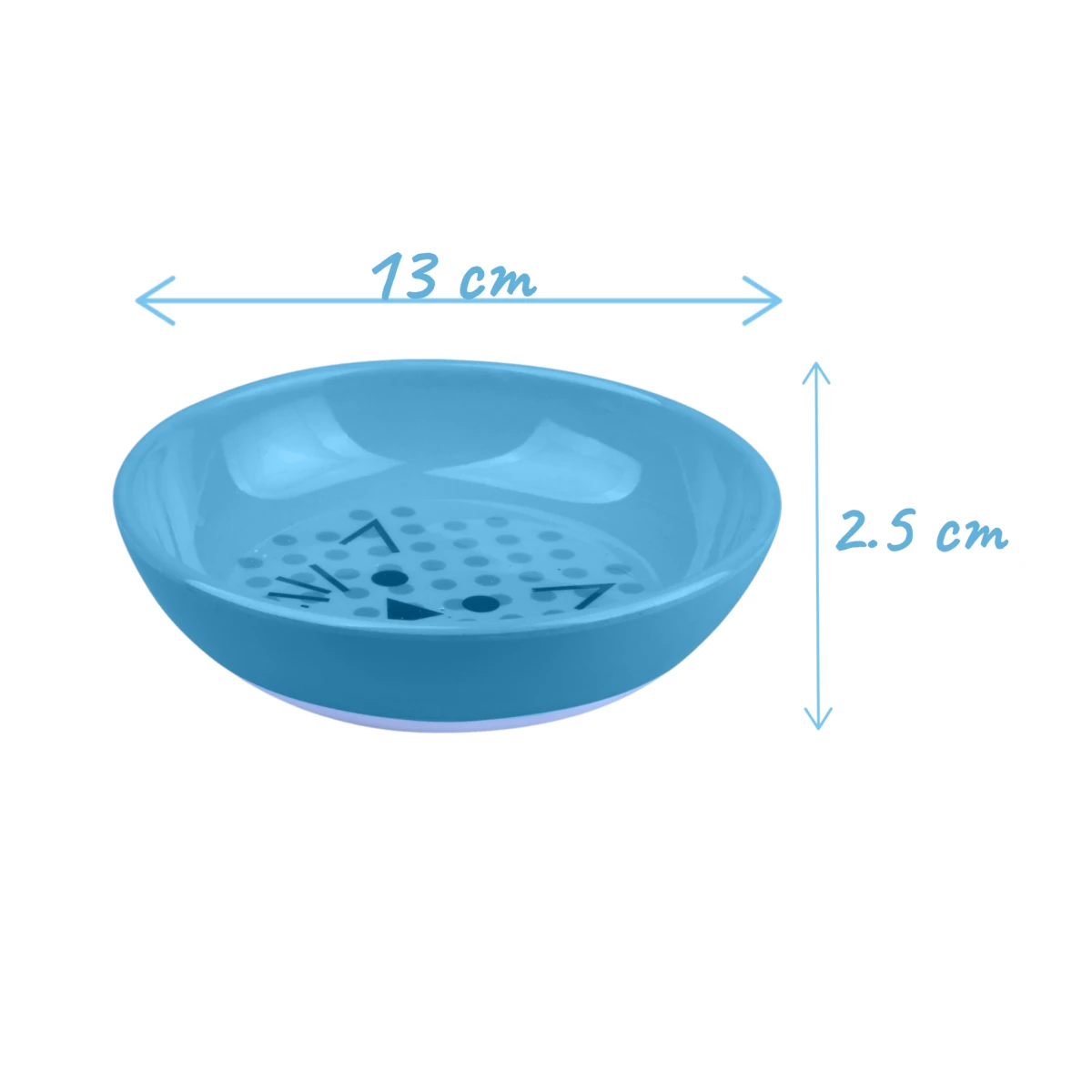 Plato azul para gato mostrando sus dimensiones de 2.5cmde alto por 13cm de ancho, ideal para evitar el estrés de bigotes.