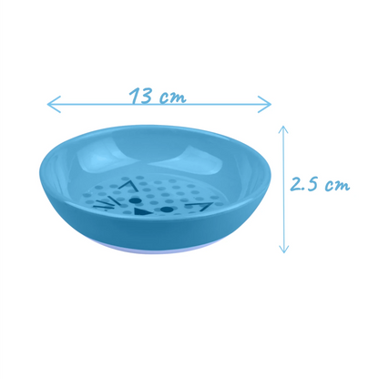 Plato azul para gato mostrando sus dimensiones de 2.5cmde alto por 13cm de ancho, ideal para evitar el estrés de bigotes.