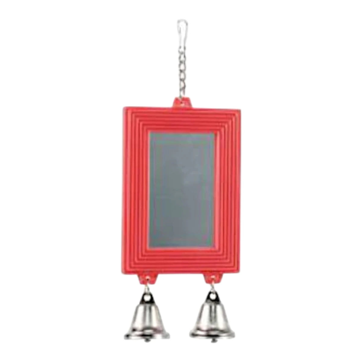 Espejo con campanitas rojo para aves pequeñas, colgante para jaula.