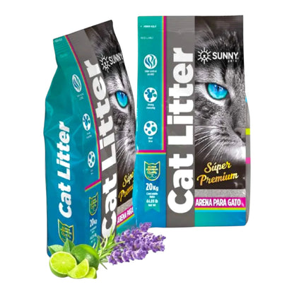 bolsas de arena para gato Sunny Súper Premium aroma lavanda, aglutinante y libre de polvo con control de oloreS