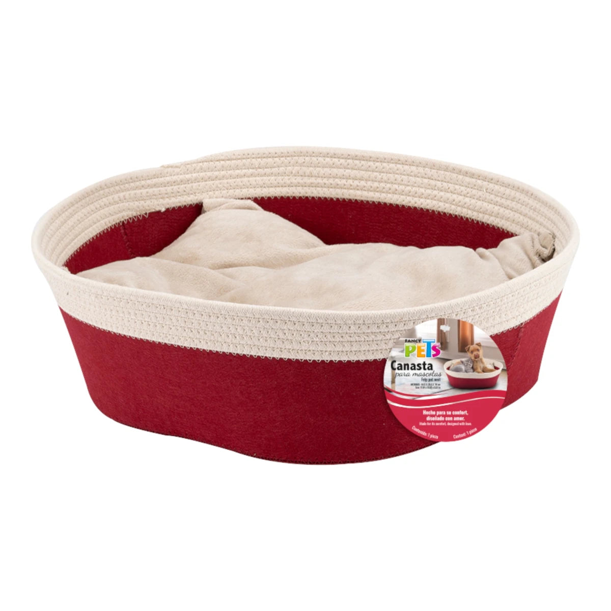 Canasta para mascotas de color rojo con orilla de cuerda beige en la parte superior y cojín removible de felpa color café.