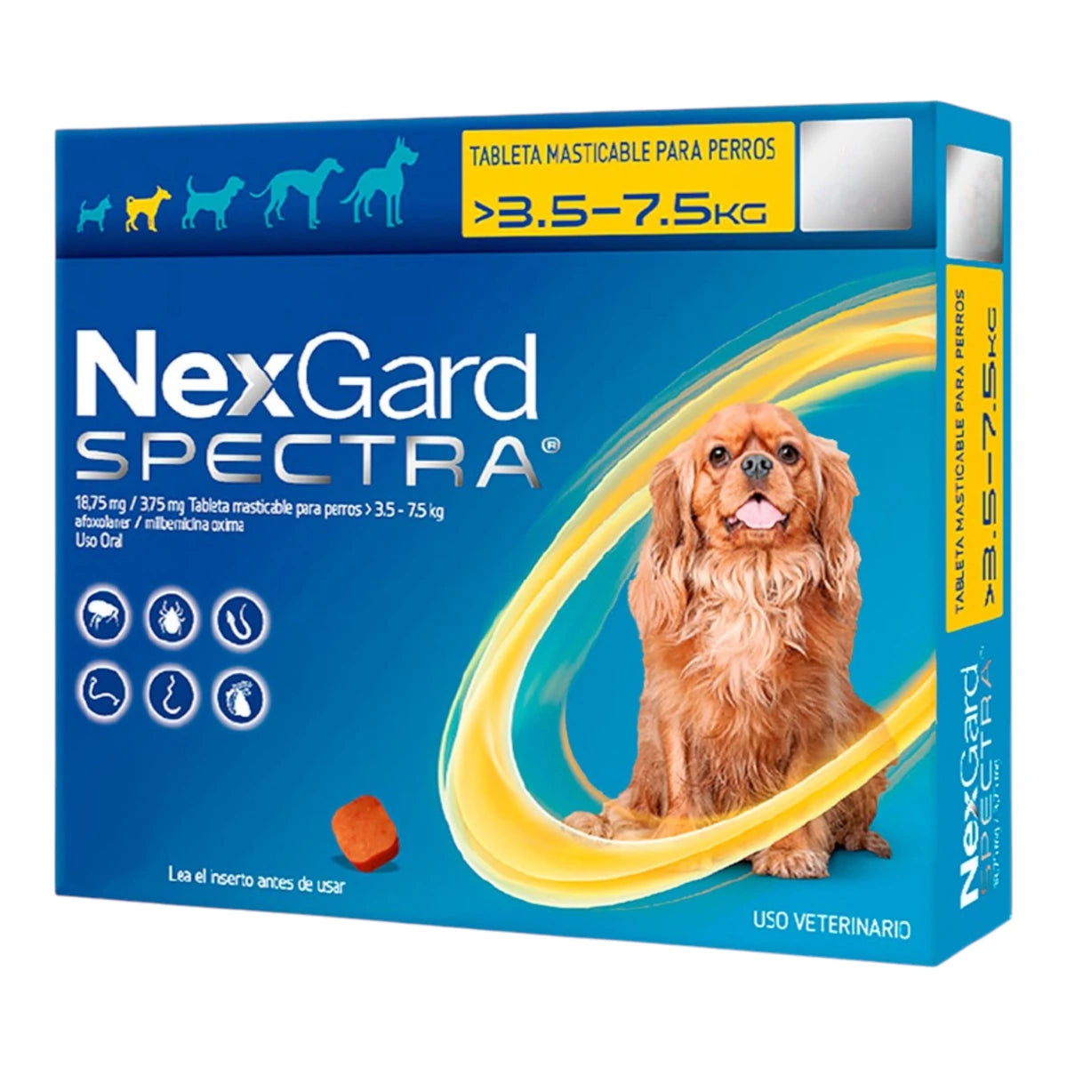Caja de NexGard Spectra para perros de 3.6 a 7.5 kg con una tableta para tratamiento mensual.