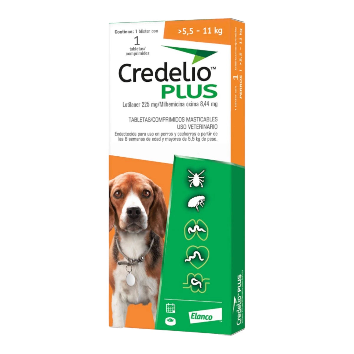 Caja de Credelio Plus para perros de 5.5 a 11 kg, tableta masticable mensual contra pulgas, garrapatas y parásitos internos.