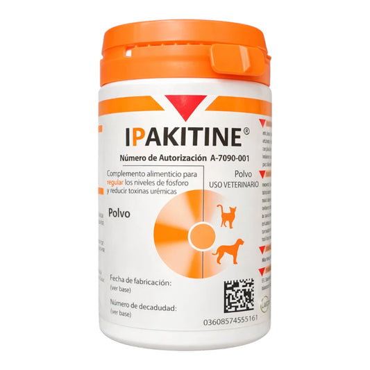 Bote de Ipaktine complemento alimenticio en polvo para el soporte de la función renal en perros y gatos con enfermedad crónica.