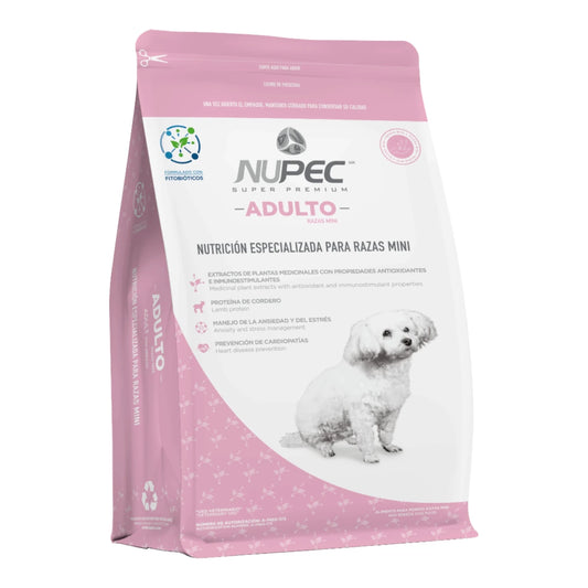 Empaque de alimento Nupec Adulto para razas mini con beneficios de palatabilidad y digestibilidad para perros de talla pequeña.