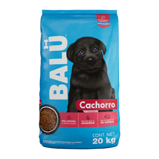Saco de alimento Balú Cachorro de 20 kg con imagen de un tierno cachorro negro, destacando proteínas seleccionadas y nutrición a precio justo.