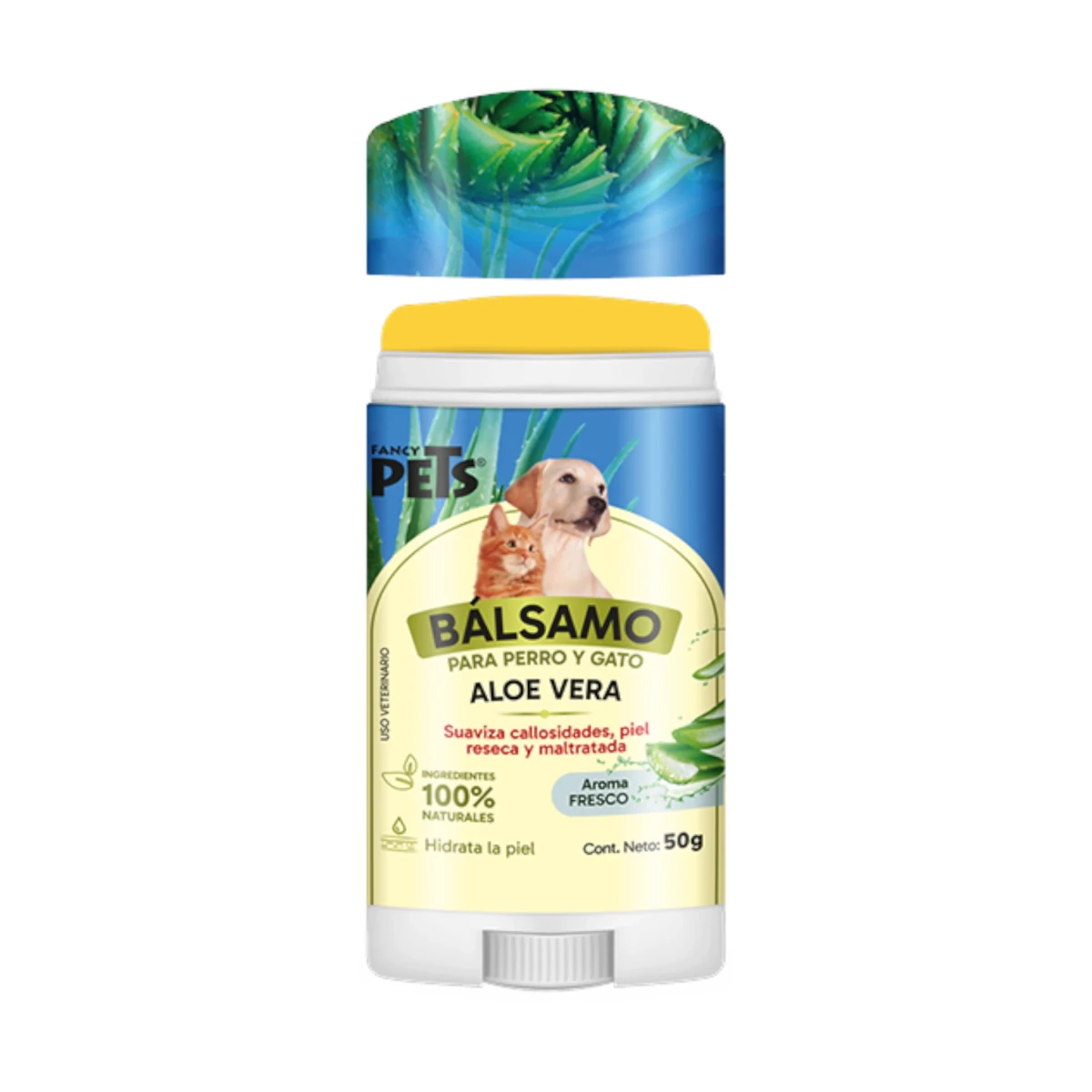 Stick de bálsamo para mascotas con aloe vera, cera de abeja y rosa mosqueta, cuida la piel seca de forma natural.