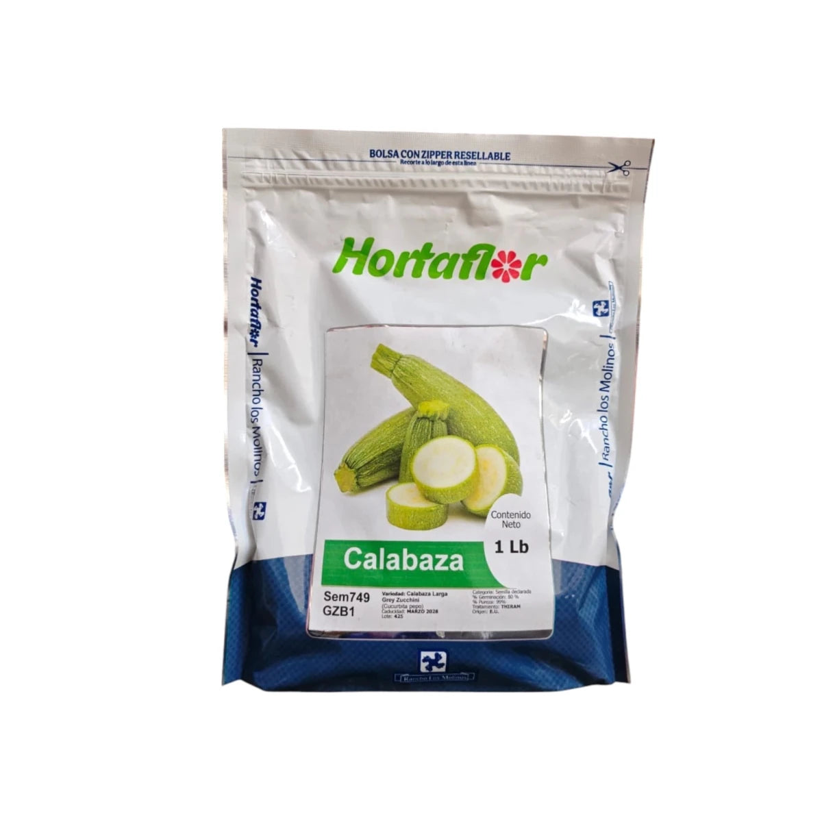 Bolsa con semillas de calabaza larga Grey Zucchini, ideal para huertos y milpas.