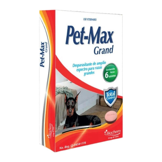 Imagen del producto Pet Max Grand, desparasitante oral para perros grandes con ivermectina, albendazol y prazicuantel, blister con 6 tabletas.