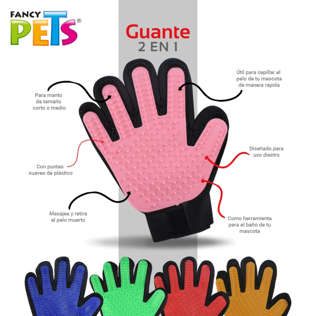 Infografía del guante limpiador 2 en 1 mostrando sus funciones y colores disponibles