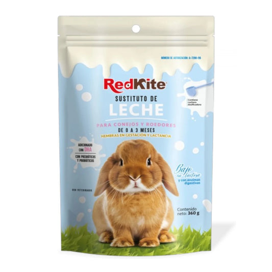 Empaque de sustituto de leche RedKite para conejos y roedores de 360g, ideal para crías huérfanas o destetadas.