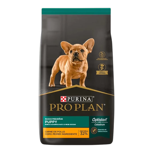 Saco de alimento Pro Plan Cachorro Razas Pequeñas con pollo y tecnología OptiStart para el crecimiento saludable de cachorros.