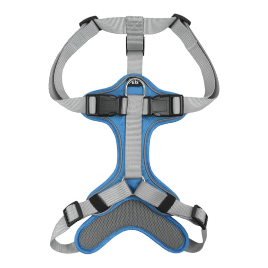 Vista frontal del arnés ergonómico para perro en color azul, destacando el diseño que distribuye la presión sobre el pecho.